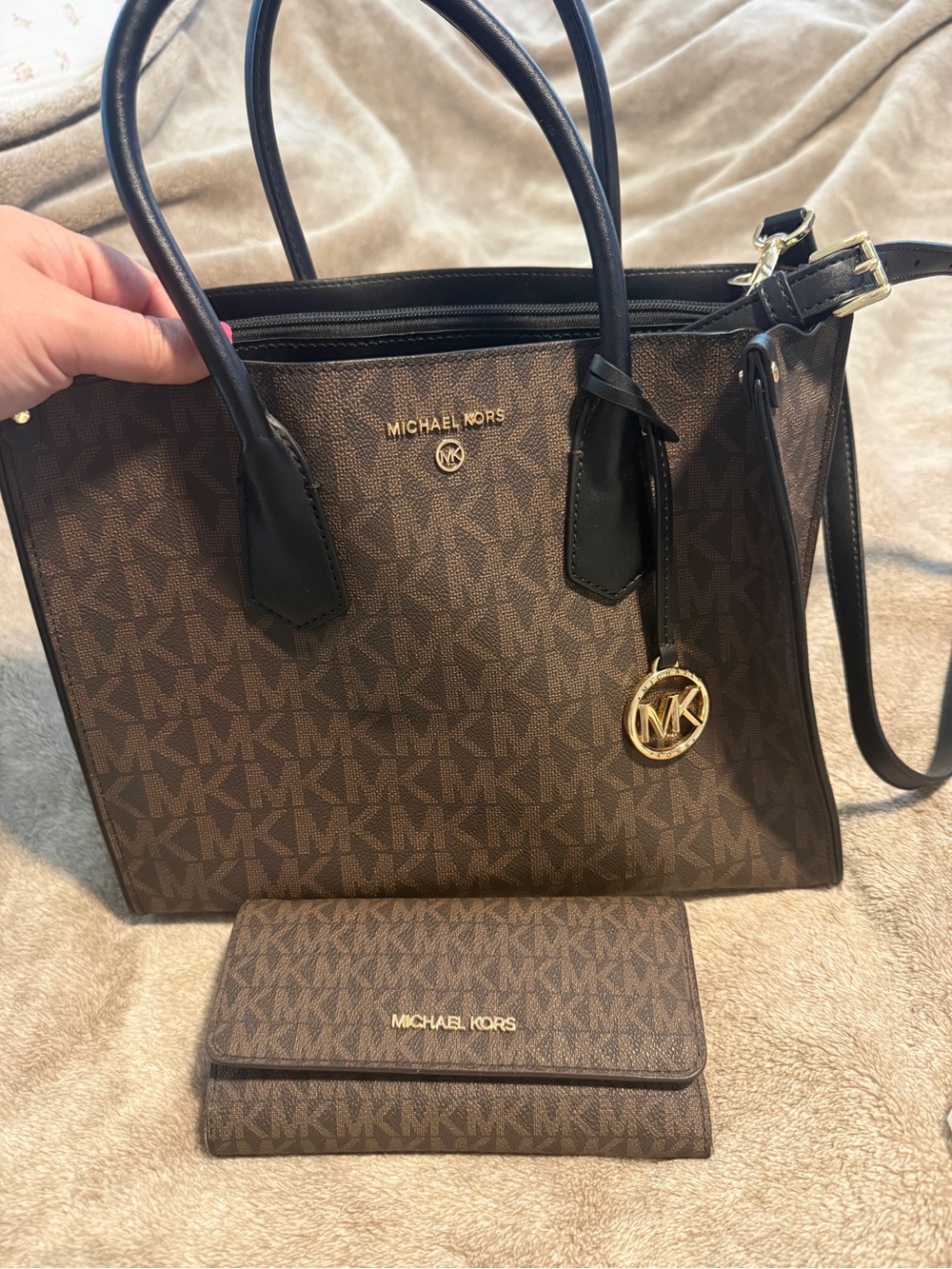 Michael Kors Brown Logo Tote with Matching Wallet and Gold Accents